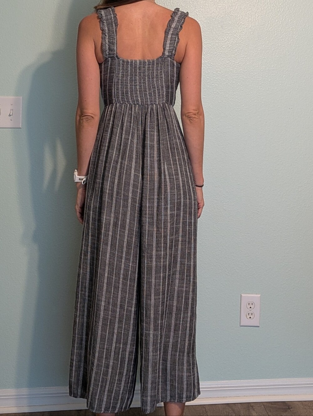 Striped V-Neck Wide-Leg Jumpsuit - Gray - Picture 2 of 7